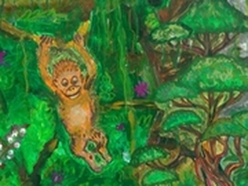 Gemaltes Kinderbild, Affen in Wald, Wasserfall