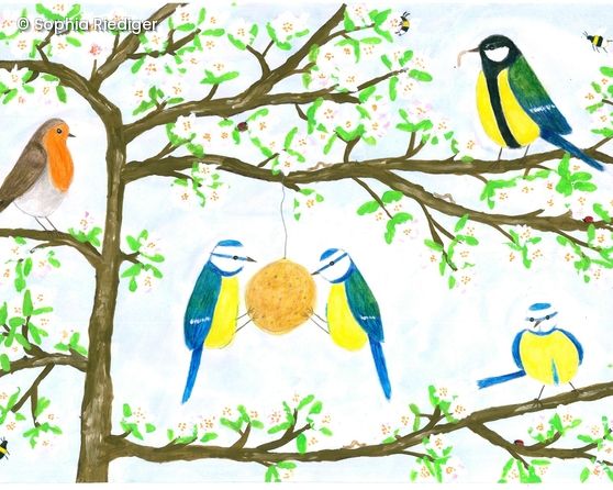 Gemalte Vögel in Baum