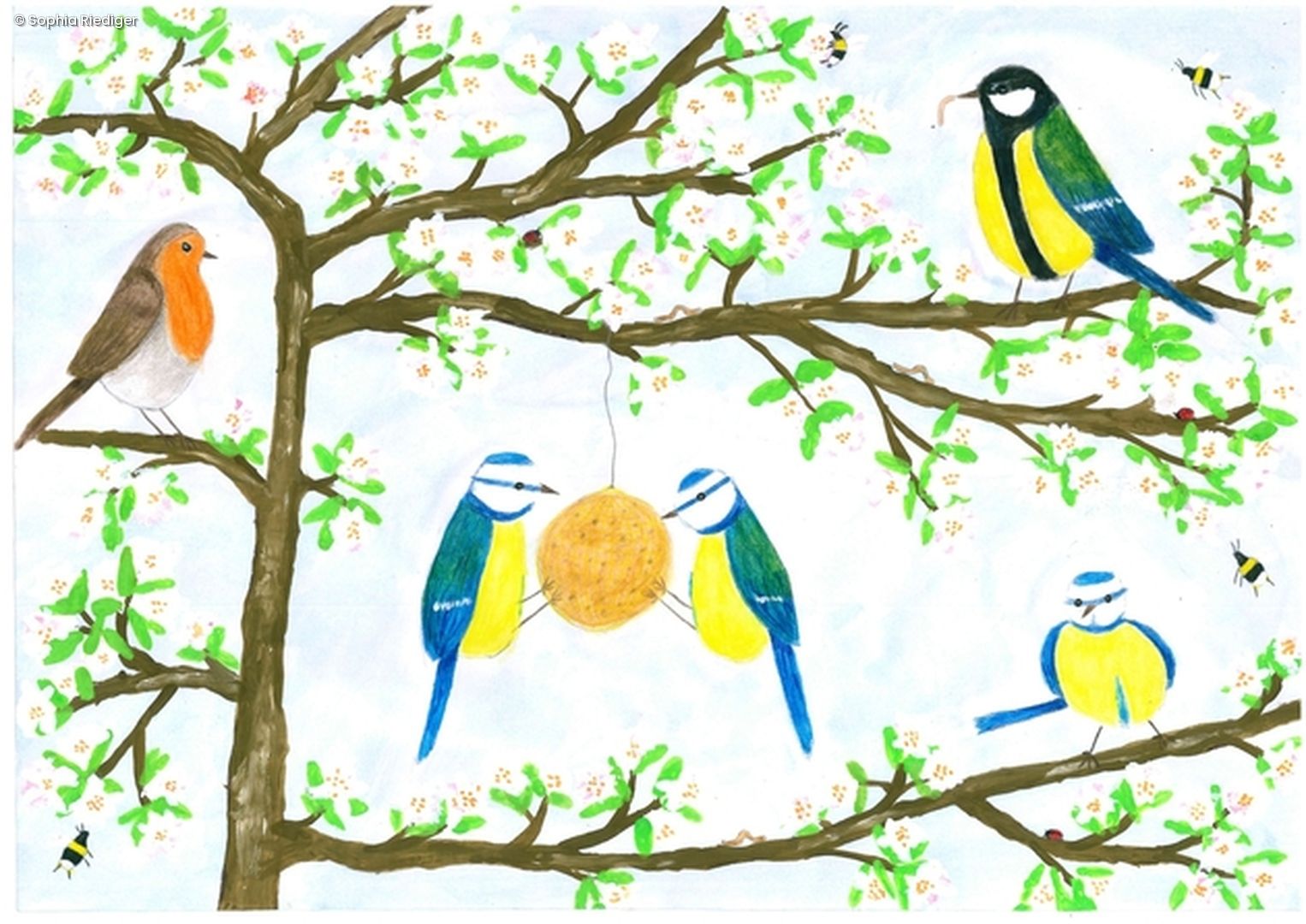 Gemalte Vögel in Baum