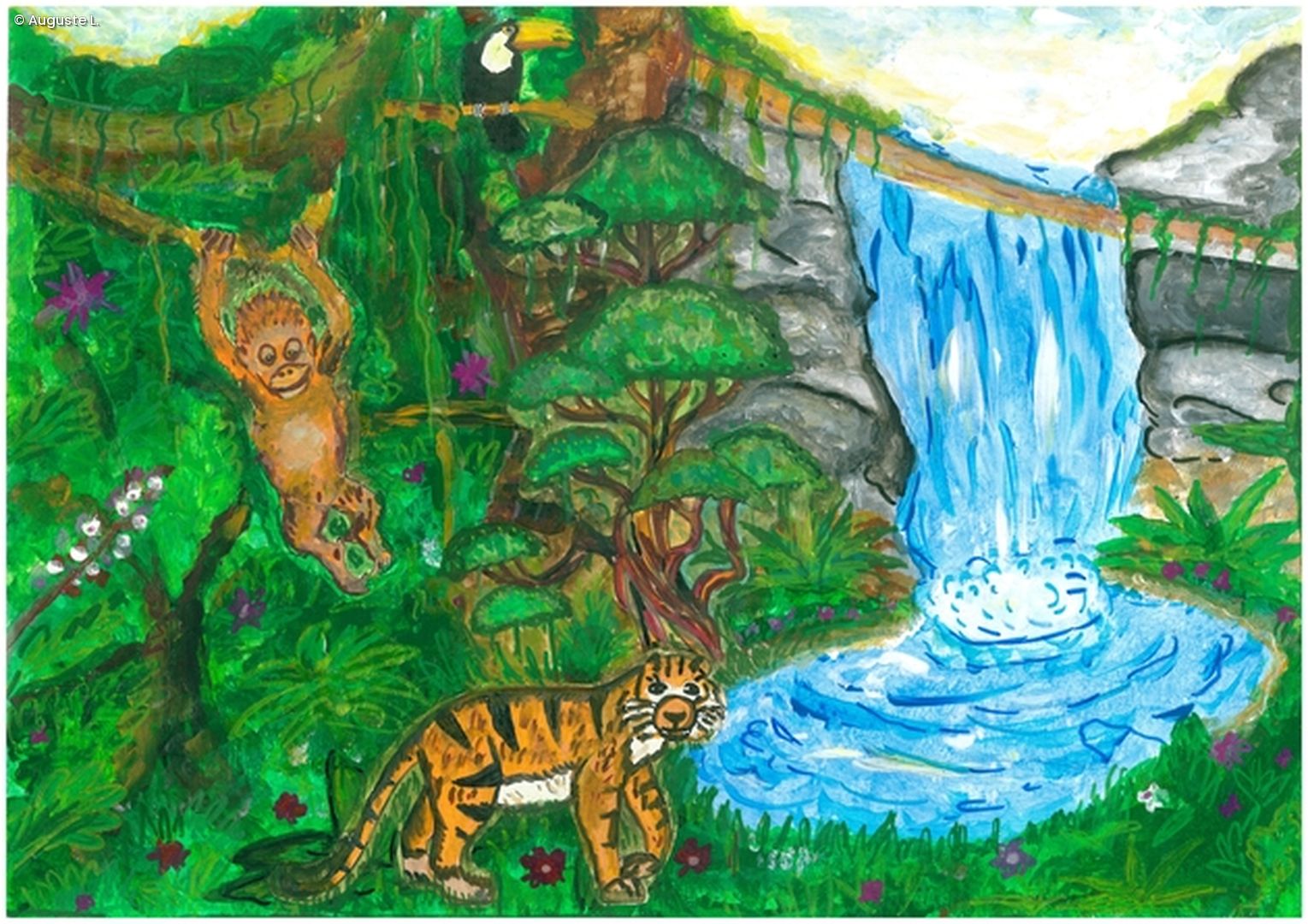 Urwald mit Tieren und Wasserfall