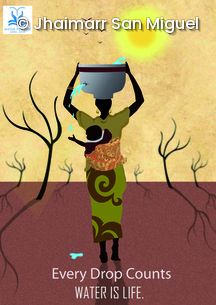 Illustrierte Frau mit Kind auf dem Rücken in Afrika, die Wasserkrug auf dem Kopf trägt