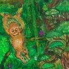 Gemaltes Kinderbild, Affen in Wald, Wasserfall