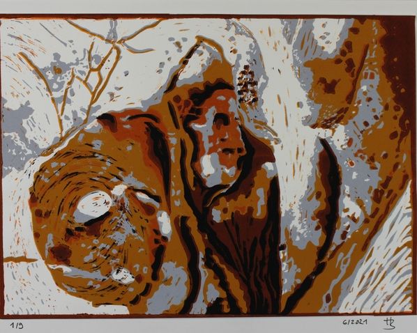 Linolschnitt von Detail eines Elefantenschädels