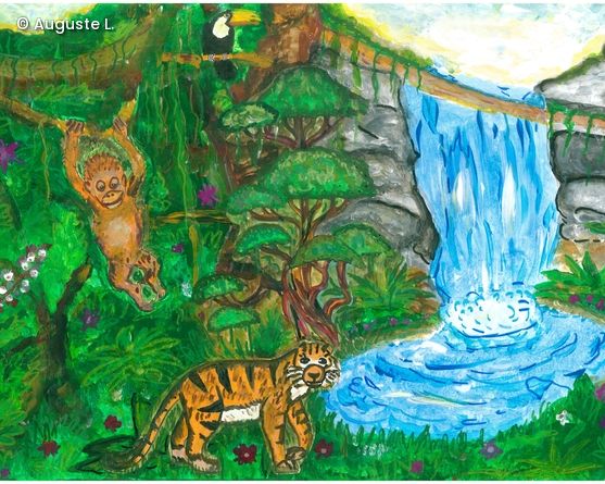 Urwald mit Tieren und Wasserfall