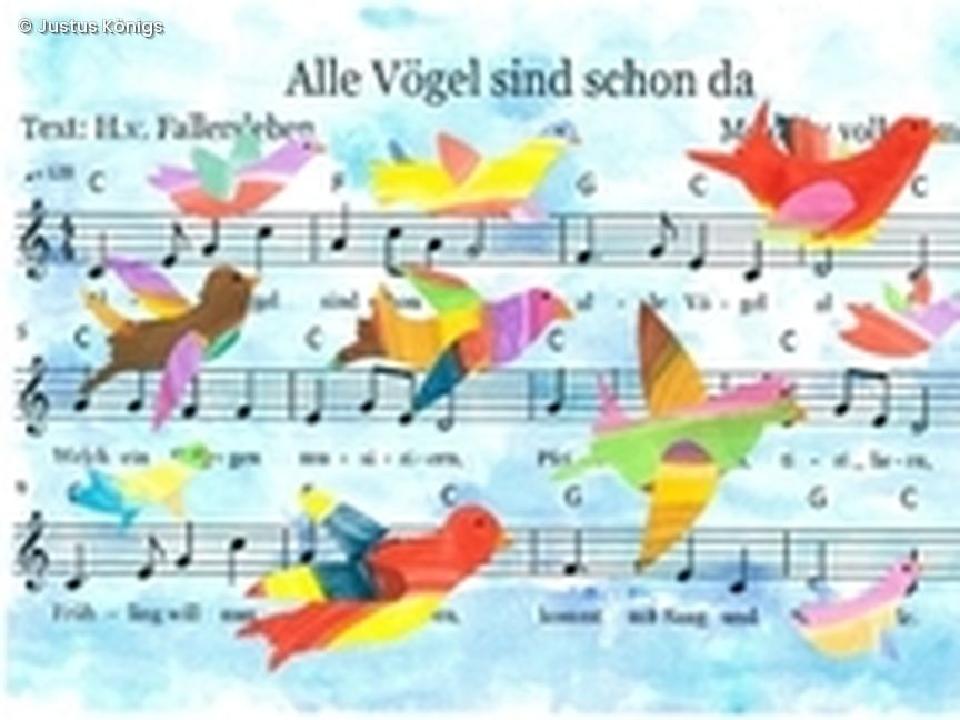 Gemaltes Kinderbild, alle Vögel sind schon da Liedtext & Vögel